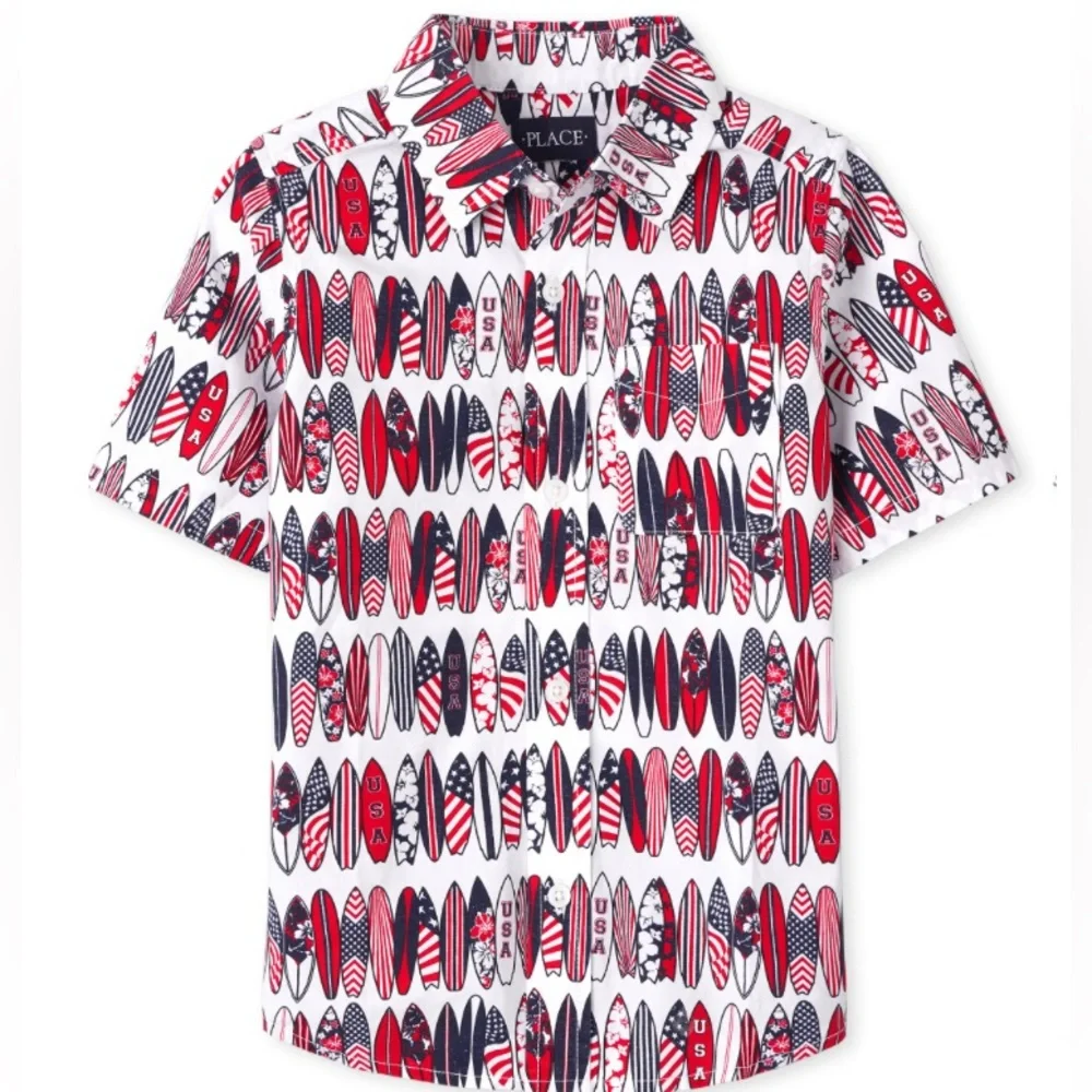 Children’s Place Americana Surf Poplin Button Up Shirt 10/12 USA Surfboards